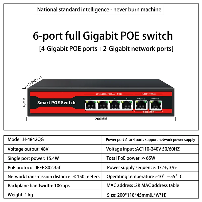 

Gigabit Ethernet Switch 6 Port Network Switch 52V POE Network Extender Desktop 100/1000Mbps Switch