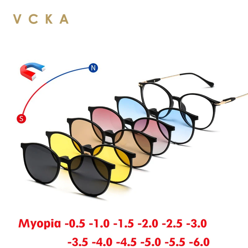 VCKA 6 In 1 Fashion Myopia Sunglasses Frame 2024 NEW Magnetic Clip Women Glasses Polarized Custom Optics Eyewear -0.5 to -6.0