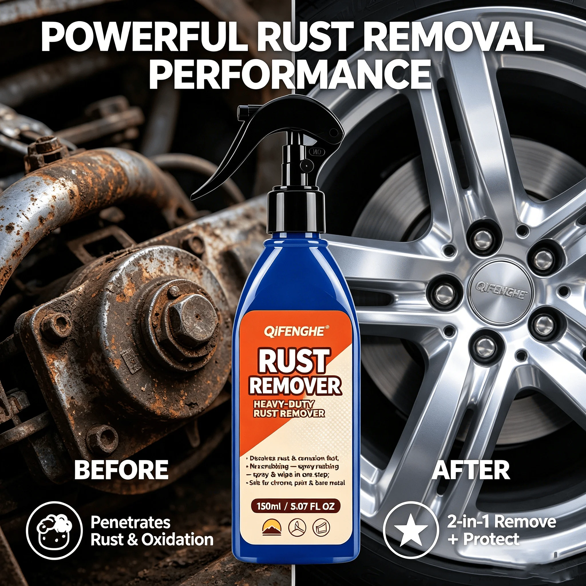 Rust Remover for Car Wheels & Tools – Dissolves Rust & Oxidation, Safe on Metal & Paint, Restores Shine Like New – 150ml
