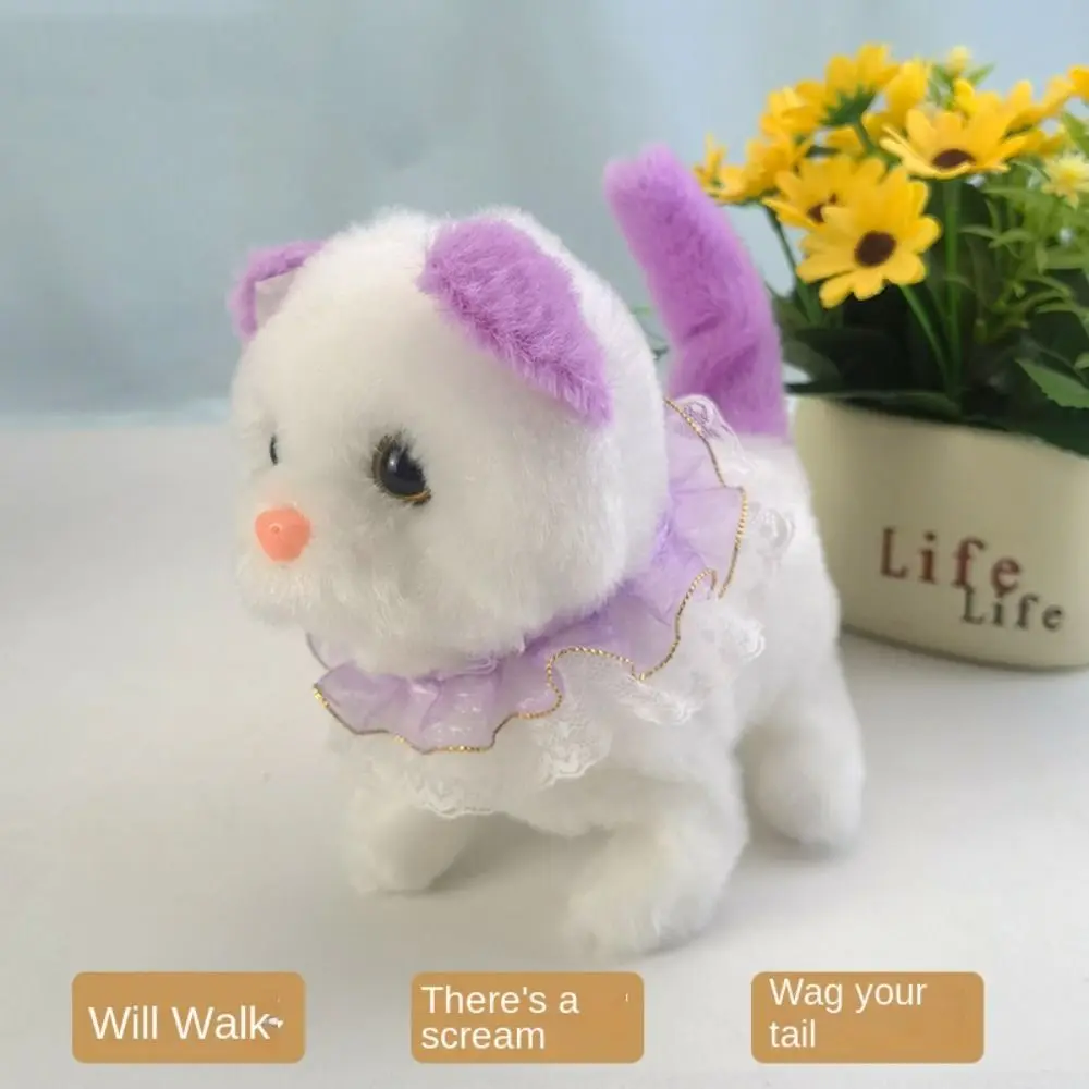 Con sonido, gatos de simulación eléctricos, gatos electrónicos blancos DIY, lindos juguetes de peluche para caminar en movimiento para mascotas, juego de cambio de ropa