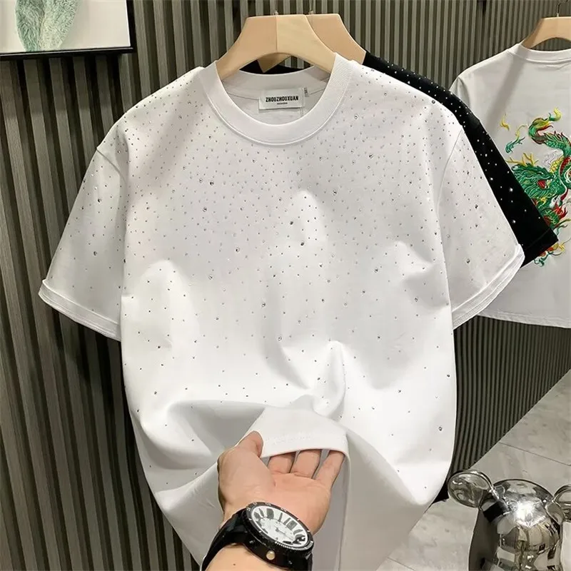 

Y2K Summer New Mens Vintage 100% Cotton Short Sleeve T Shirt Rhinestone Rivet O Collared Graphic T Shirts Man Camiseta Masculina