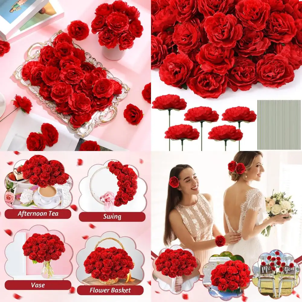 

100 Pcs Flowers Long Stem Artificial Rose, 3.2 Inches Silk Rose Head Flowers Fake for Wedding Bridal Bouquet Home Floral Decor D