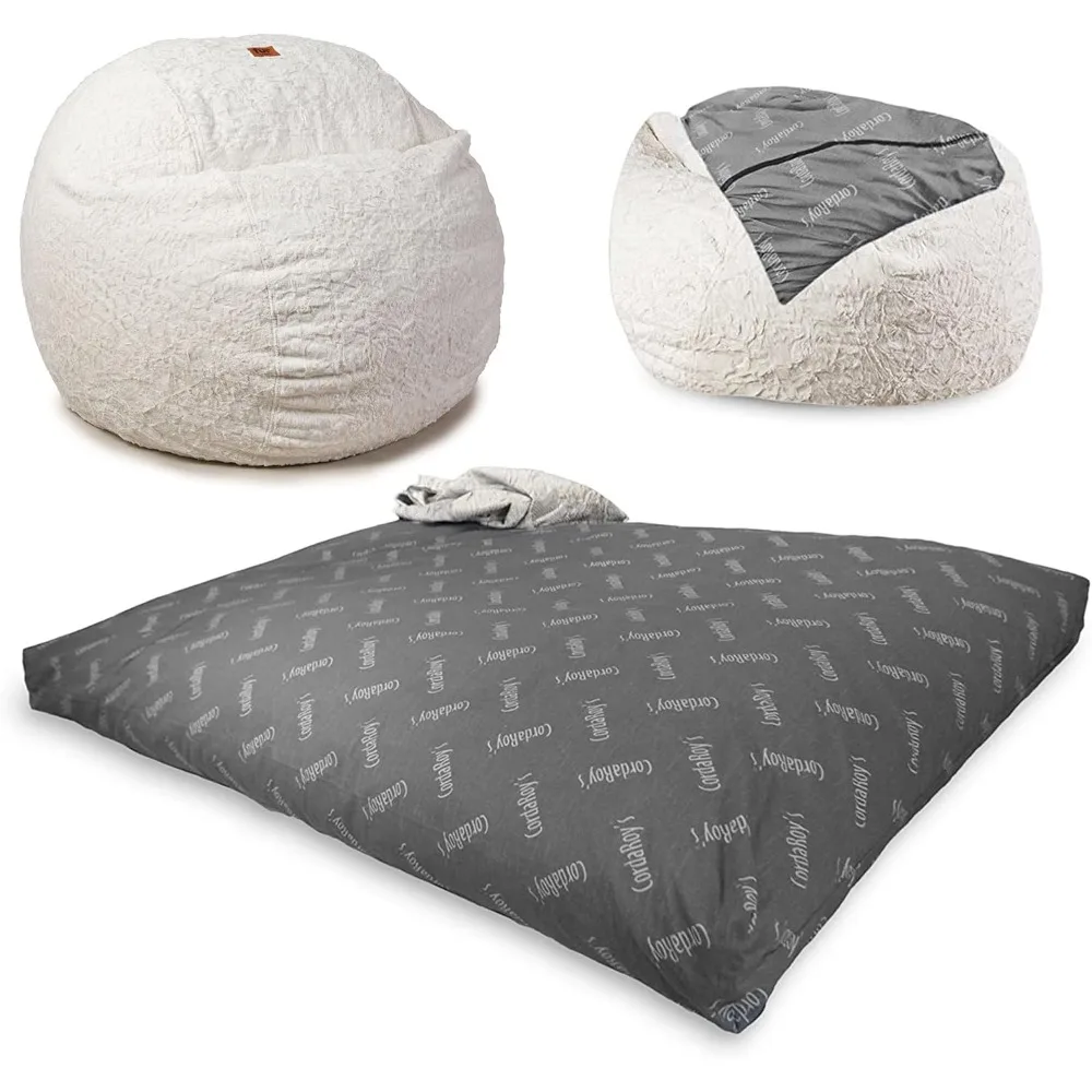 Convertible Bean Bag Chair & Bed - Machine-Washable Faux Fur Fabric Cover - for Basement, Living Room