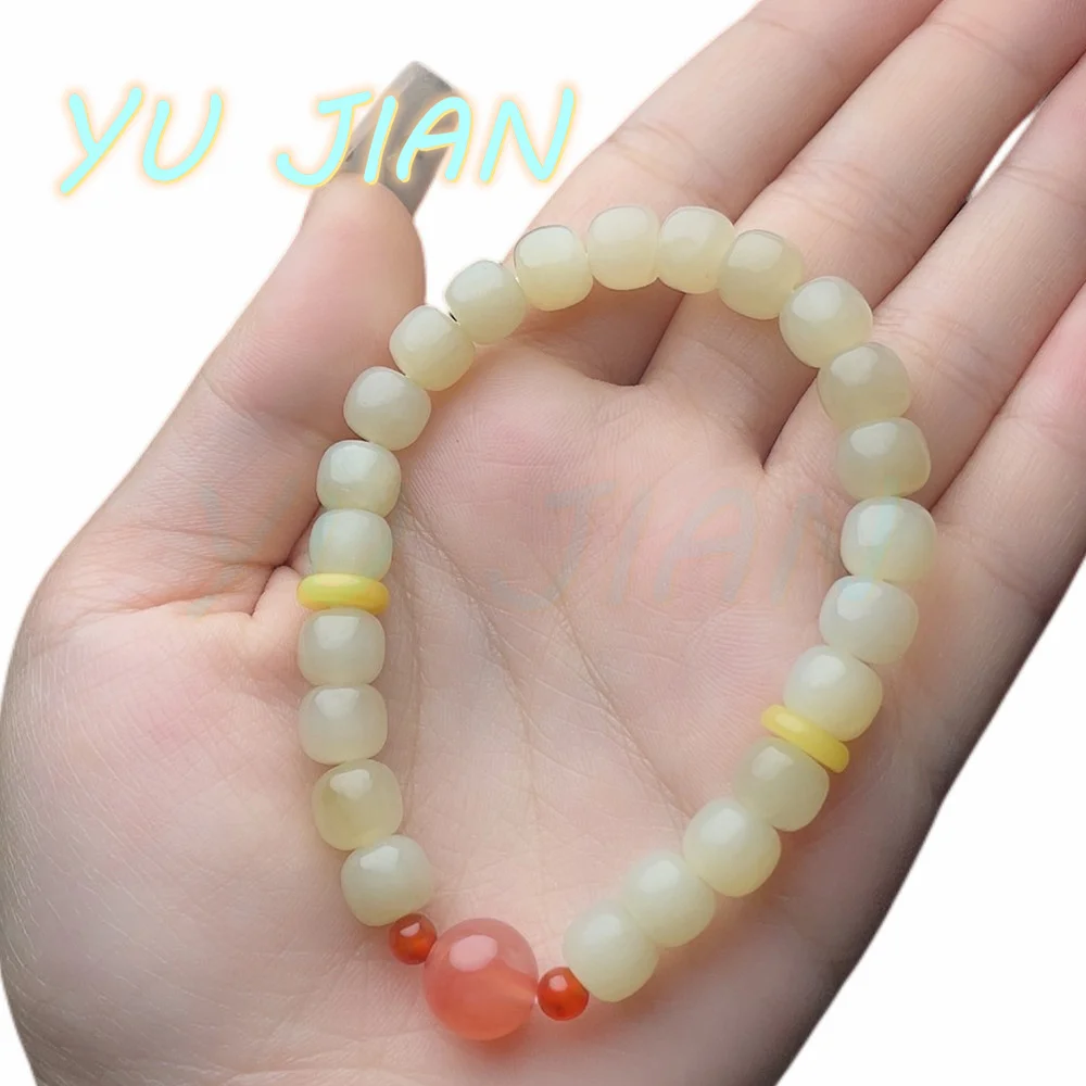 

New Natural Hetian Jade Wiht Southern Red Agate Chalcedony Beads Hand-string Elegant Delicate Handring Bangle Bracelet Jewellry