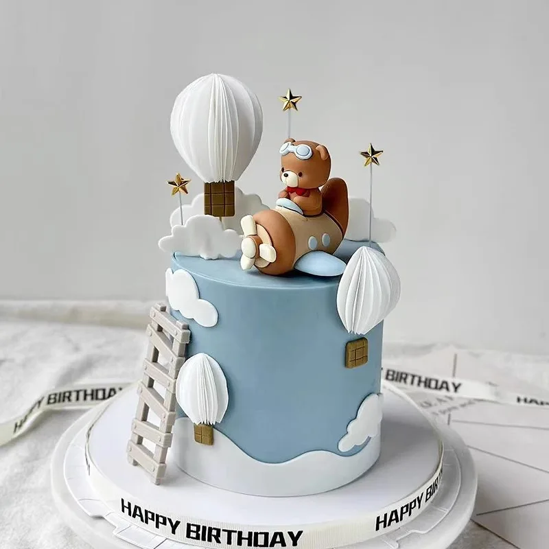كارتون بايلوت بير كيك توبر موضوع الطيران مع بالونات النجوم لديكور حفلة عيد ميلاد سعيد الأول