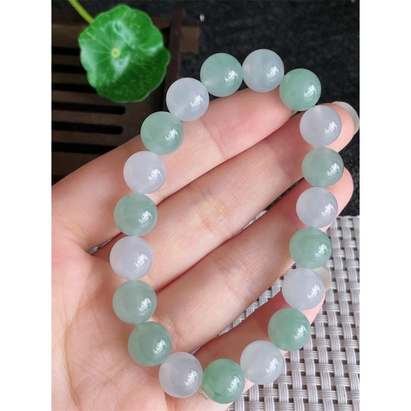 Myanmar Natural a Bracelet Bead Ice-like Floating Green round Beads Jade 19 37.86G