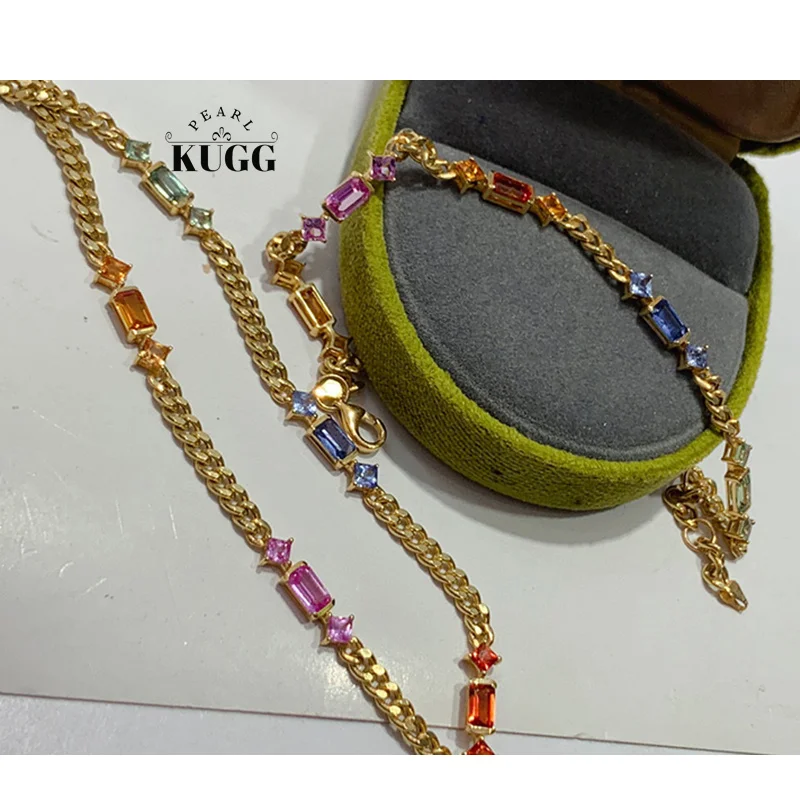 

KUGG 18K Yellow Gold Necklace Cuban Chain Vintage Rainbow Design Real Natural Aquamarine Bracelet&Necklace for Women Jewelry Set