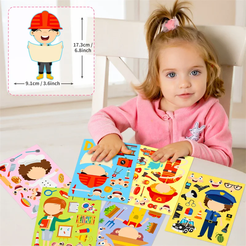 6-24sheets Occupation Cognitive Make A Face Stickers For Toddlers DIY Farmer Teacher Firefighter Jobs Sticker Kids Puzzle Toys