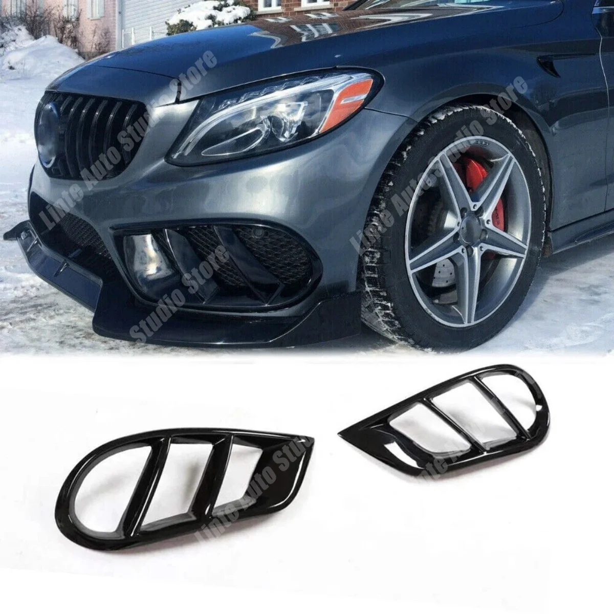 Image of Frontstoßstangen-Canards für Mercedes-Benz C-Klasse W205 S205 Sport AMG 2015-2019 Lufteinlass-Nebelscheinwerferabdeckungen Zierleisten-Kits Glanzschwarz ABS