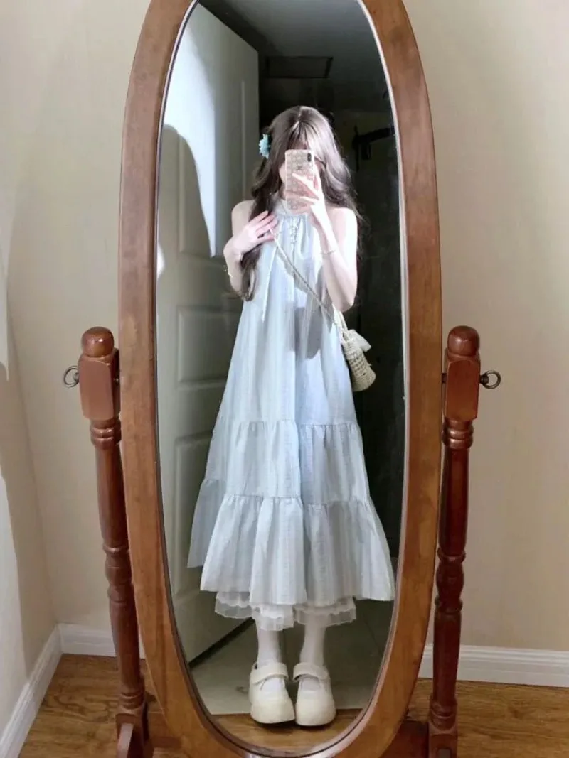 Süße Ärmellose Lange Kleid Frauen Koreanische Plaid Bogen Spitze Up Taille EINE Linie Rüschen Kleider Off Schulter Fee Strand Robe