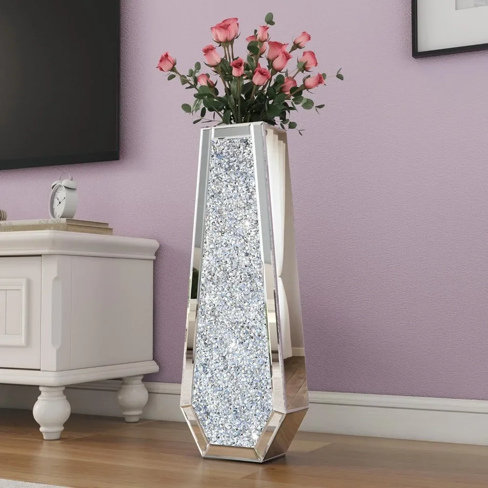 Large shattered diamond flooring with a 30 inch tall vase, silver mirror home decoration, 