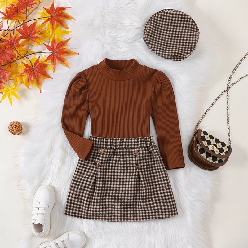 Listenwind 9M-5Y Kids Girl 3 Piece Outfit Casual Ribbed Long Sleeves Tops and Plaid Skirt Berets Hat Set Cute Fall Clothes