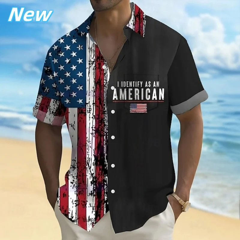 

3D Print America Flag Aloha Shirt For Men Colorful Splicing Graphic Blouses Casual Short Sleeve Hawalian Shirts Loose Street Top