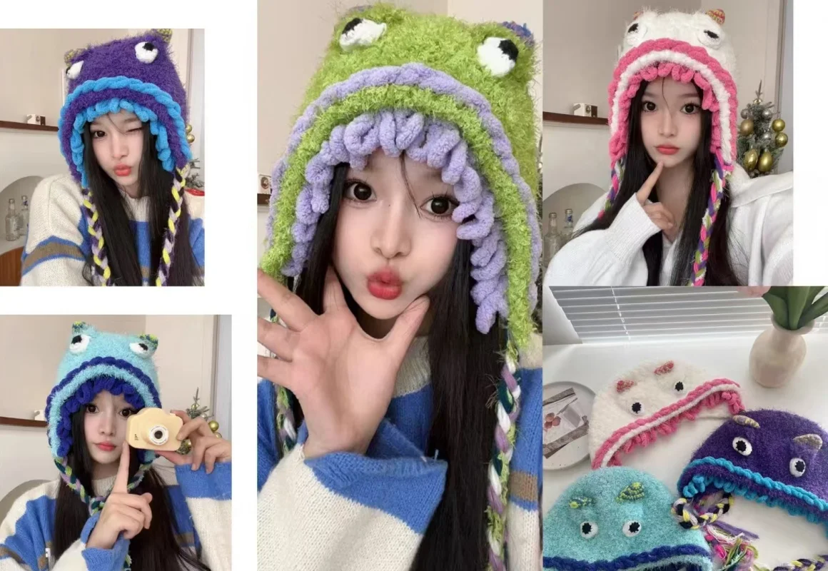 

Original trend Monster hat Hand-crocheted fall/winter hat plush ear protection riding hat lady