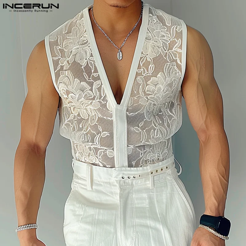 INCERUN Tops 2024 American Style New Men\'s V-neck Lace Print Perspective Vests Sexy Fashion Male Thin sleeveless Tank Tops S-5XL