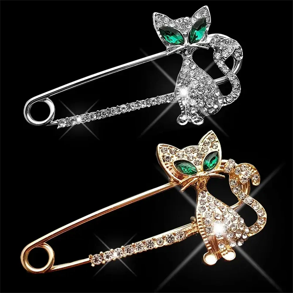 Large Safety Pin Up Jewelry for Women Alloy Crytal Lovely Cats Clips Girl Rhinestones Brooch Fashion Cute Kitty Jewelry