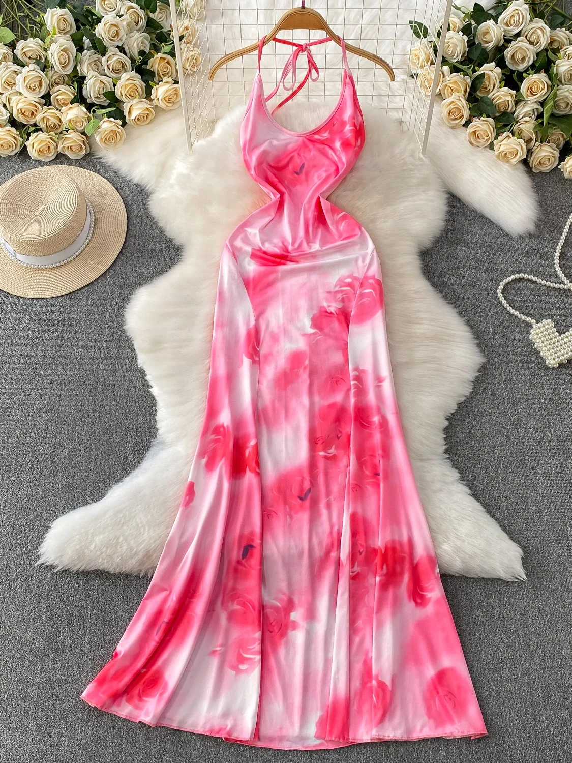 Ele Rose Pink Romantic V-ne Appeso Ne Dr Gonna lunga in raso che raccoglie la vita Coreano Sle Vita alta A-line Dr