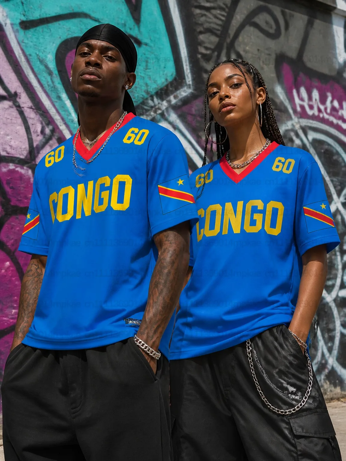2026 New Summer Democratic Republic of Congo Printed V-neck T-shirt for Men and Women, Loose Fit, Street Style, Jersey/T-shirt