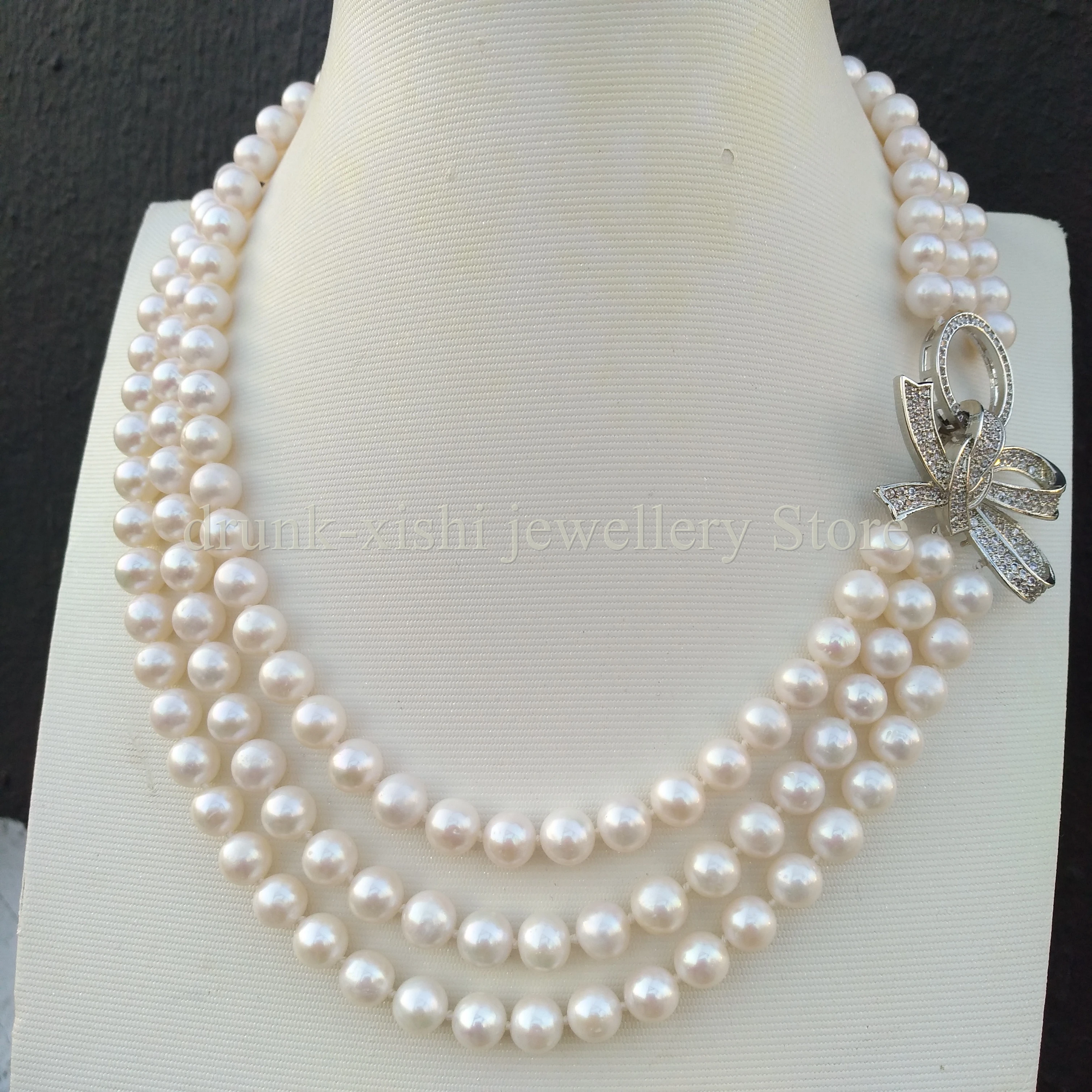 

Fine Jewelry 3 Rows Strand Japanese Akoya Real Natural White Pearl Necklace 18in 19in 20in Wedding Gift Free Shipping