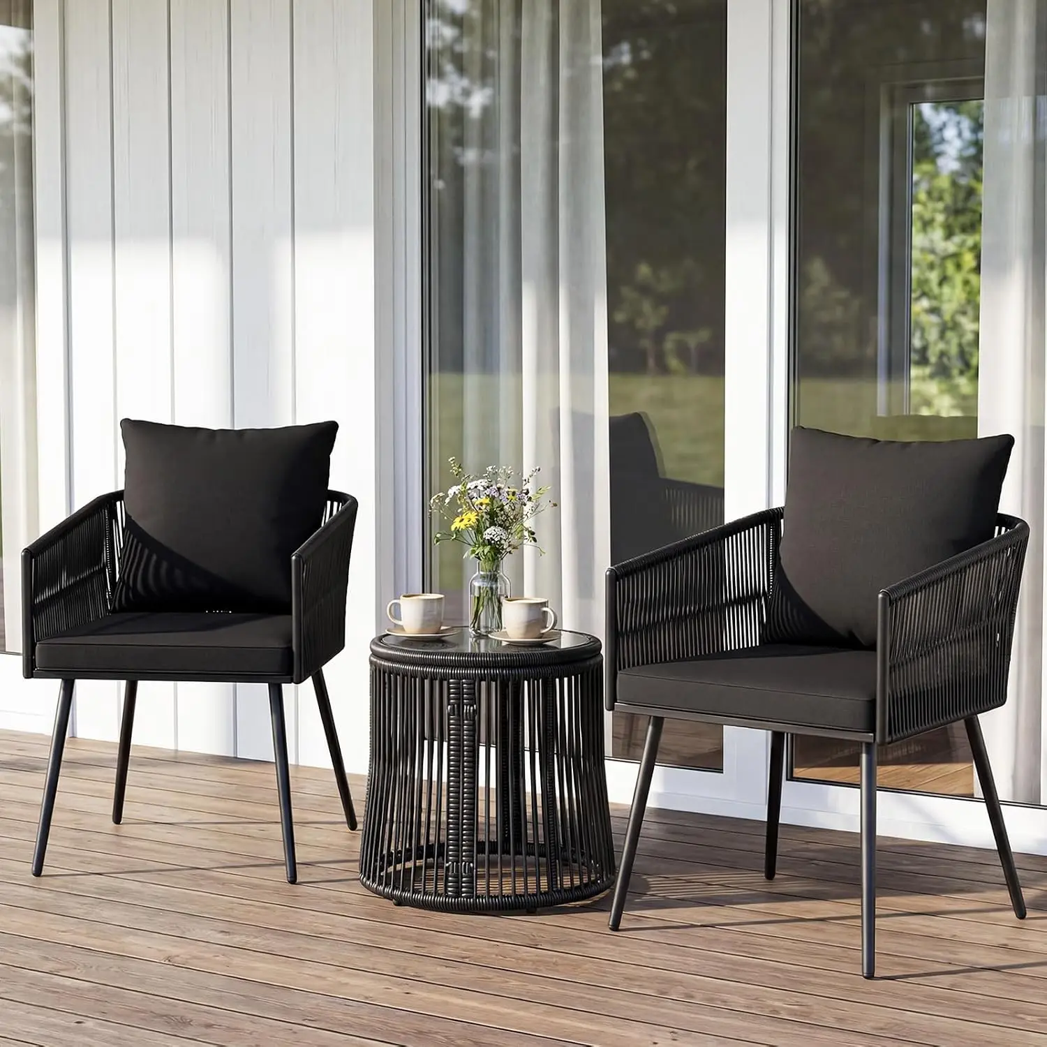 3 Piece Outdoor Wicker Bistro Set, PE Rattan Chairs with Cushions & Round Side Table with Tempered Glass Top, Patio Conversation