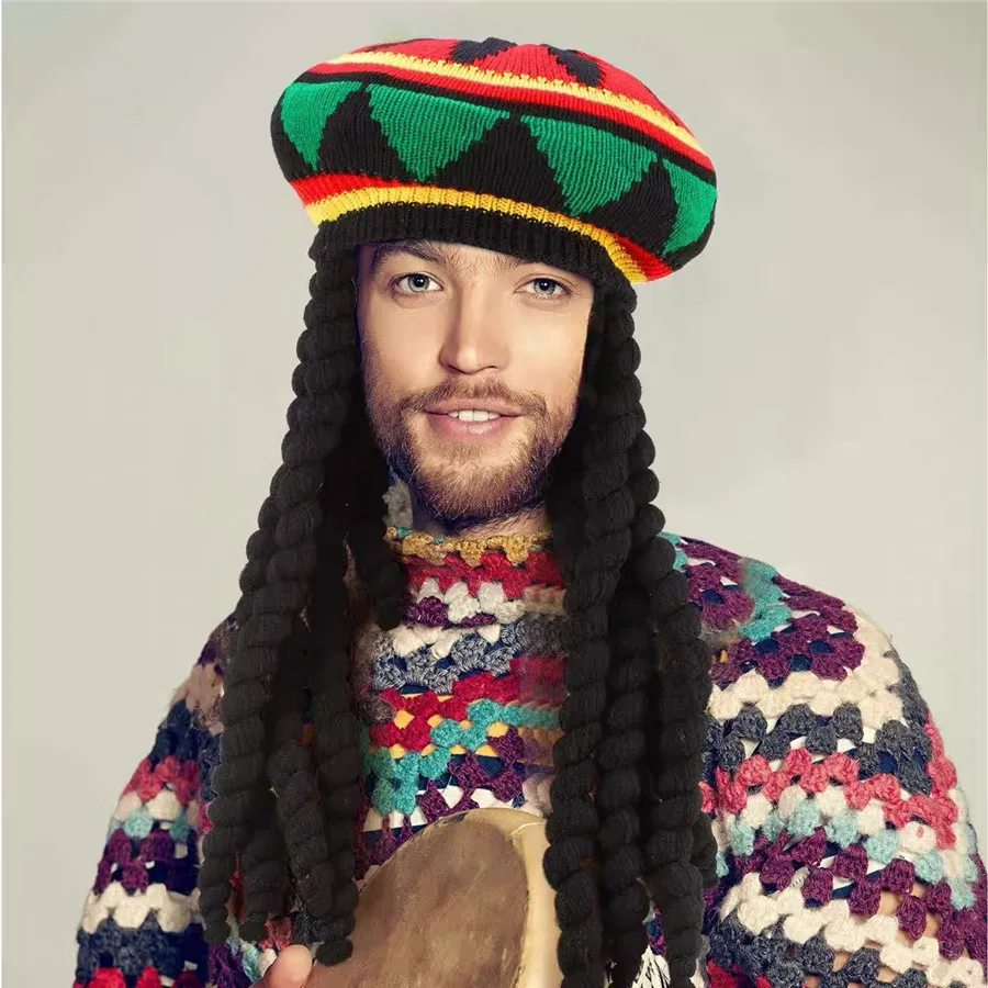 Men Wig Reggae Party Skullies Women Jamaican Rasta Hat with Dreadlocks Knit Striped Beanies Funny Cosplay Crochet Halloween Hat