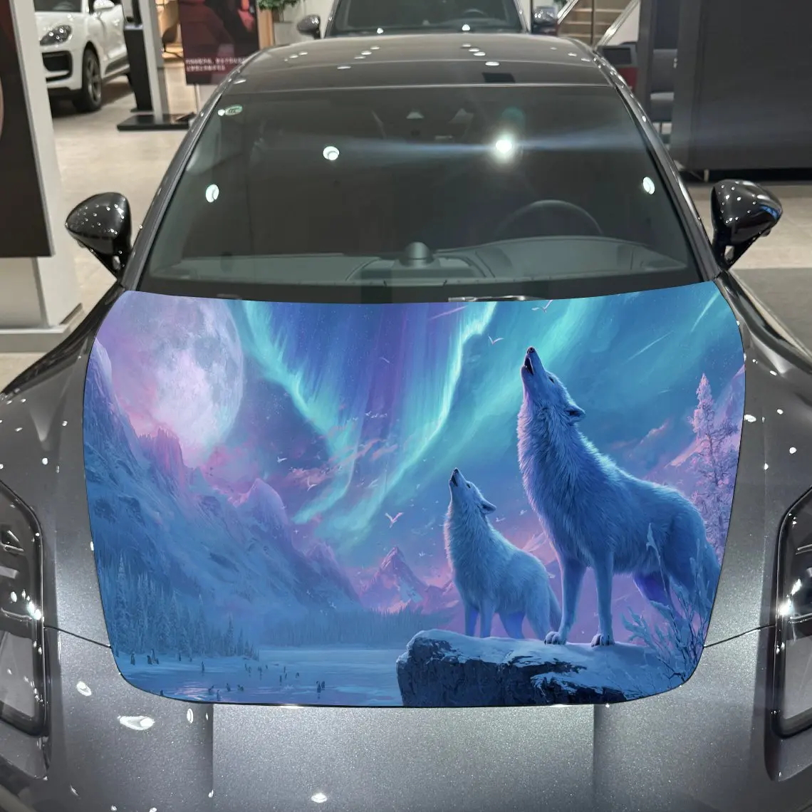 

Aurora Wolf Arctic Dominance Scene PVC Car Hood Wraps, Self-Adhesive Waterproof Car Bonnet Decal Sticker, Car Decoration Protect