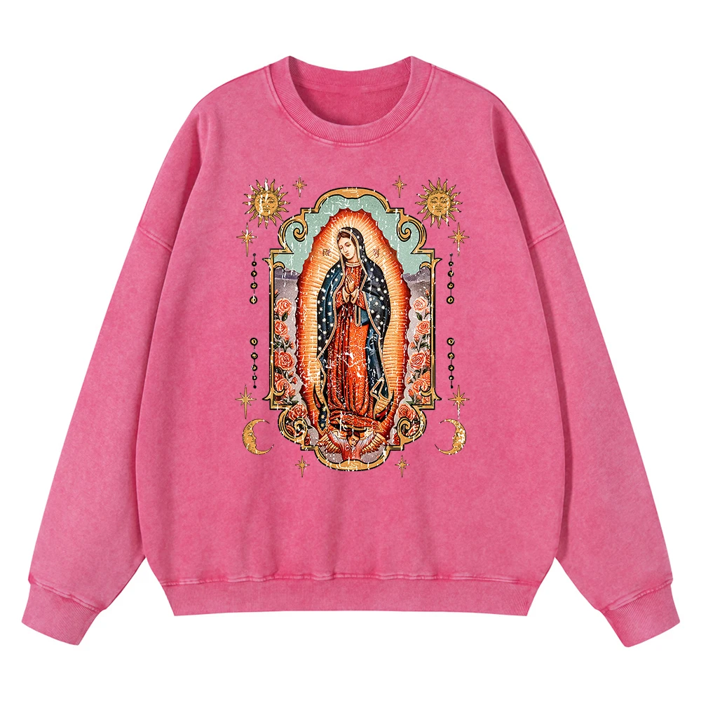 

Vintage Distressed Washing Our Lady Of Guadalupe Hoodie Men Fashion Hoodies Cotton Hip Hop Loose Clothes Loose Oversized Hoody