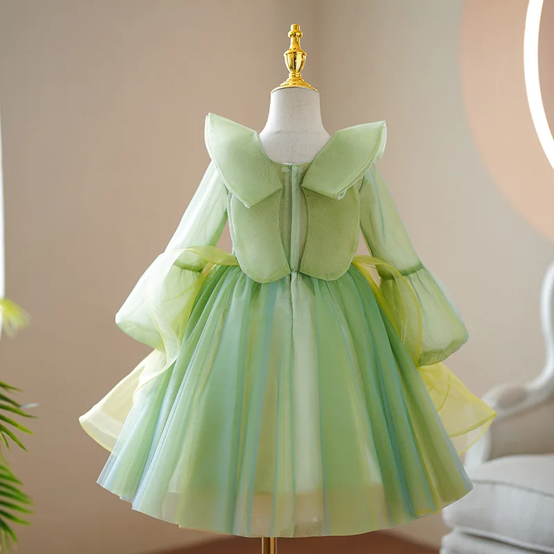 Vestido de boda de manga larga con cuello en V para niñas, tutú de princesa, hada de las flores verdes, vestidos de lujo para bebés, fiesta de cumpleaños infantil