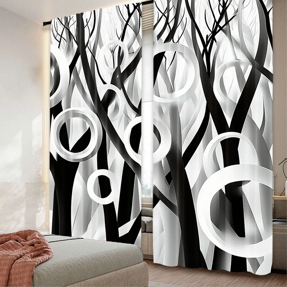 

2Pcs Black And White Geometric Circle Print Curtains Suitable For Bedroom Bathroom Living Room Dining Room Study Room Office A