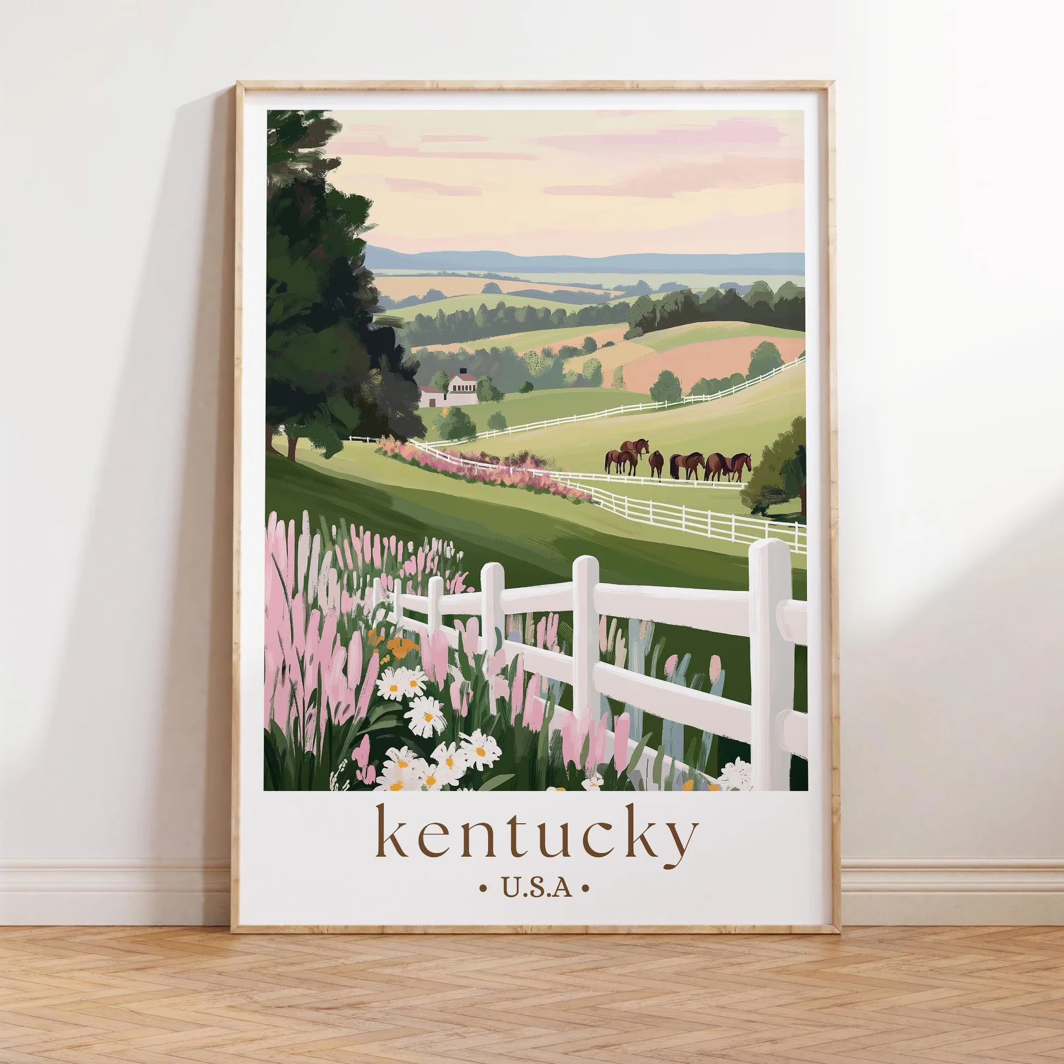 Kentucky travel canvas poster,Bluegrass state vintage print,landscape painting,horses,scenery,Kentucky Derby wall art,home decor