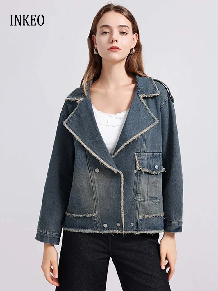 

Spring Autumn Vintage Denim motorcycle jacket for women Streetwear Pockets Short blazer 2025 New casual Jean coat INKEO 5O081