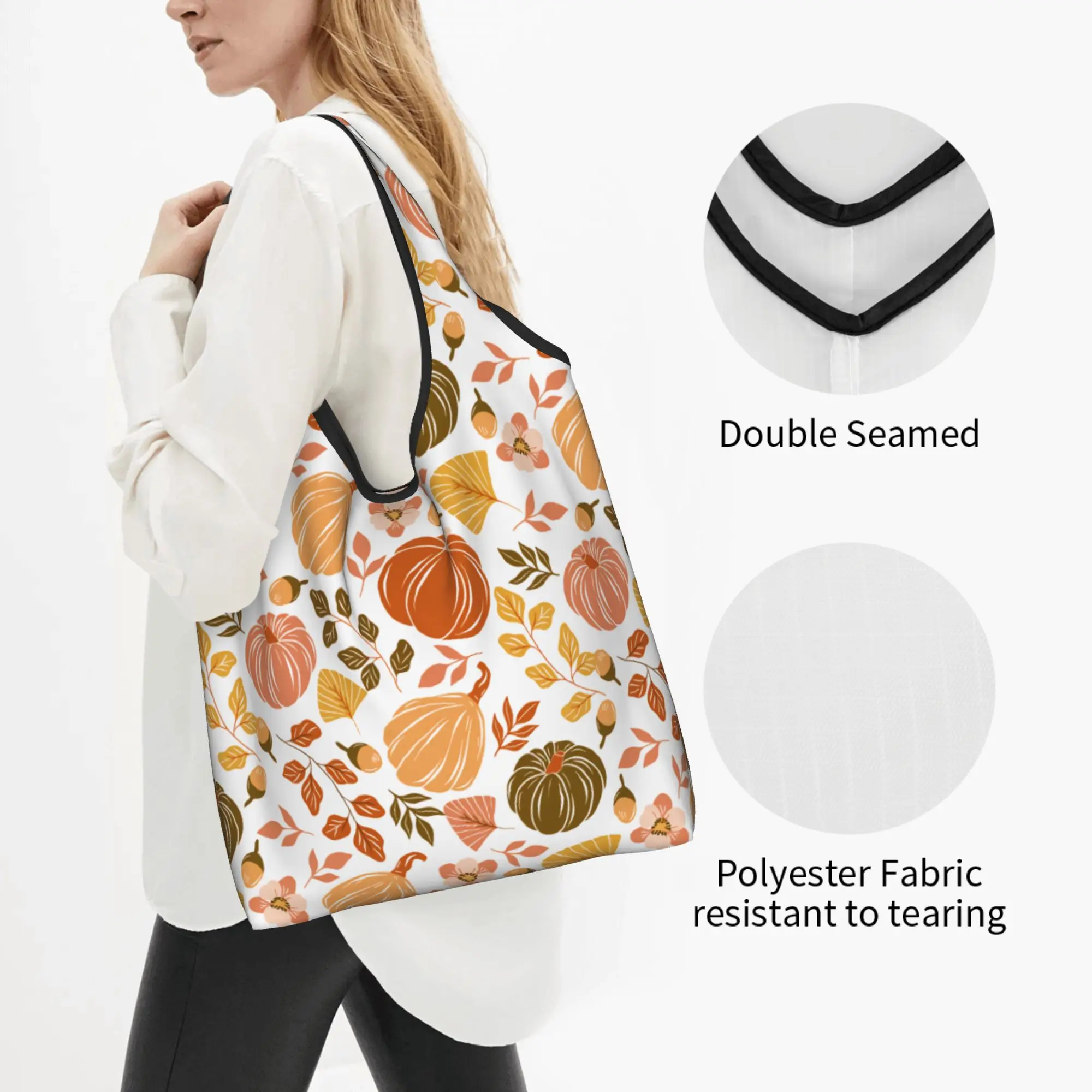 Reusable Pumpkin Patch Golden Fall Days Shopping Bag Women Tote Bag Portable  Groceries Shopper Bags