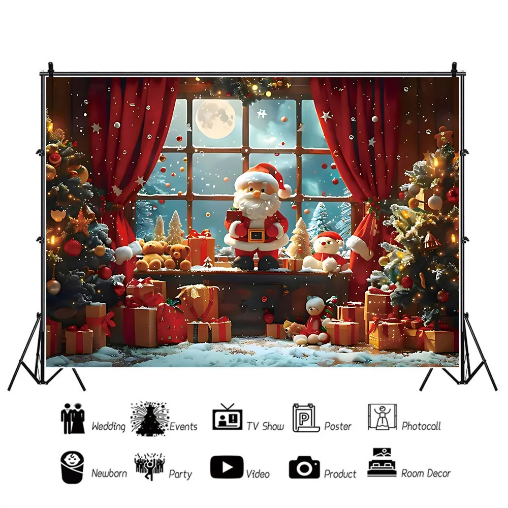 Merry Christmas Photography Background Santa Fireplace Winter Snow Christmas Tree Curtains Moon Xmas Eve NewYear Decoration Prop