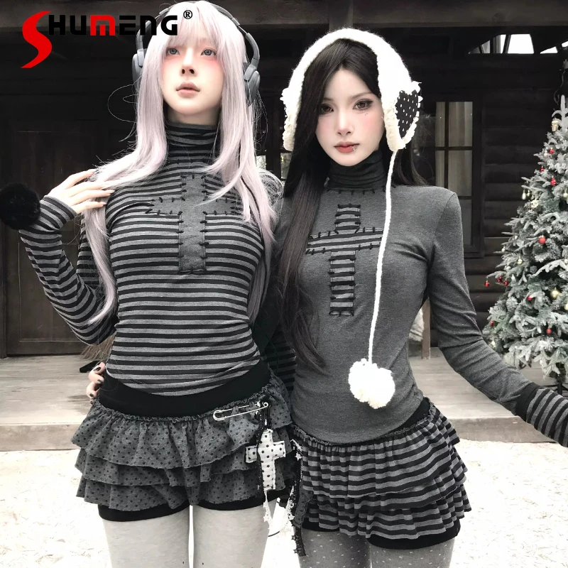 

Japanese Rojita Style Y2k Long-sleeves Tees Original Patchwork Cross Stitch Striped High Neck Slimming Gray Gray Bottoming Shirt