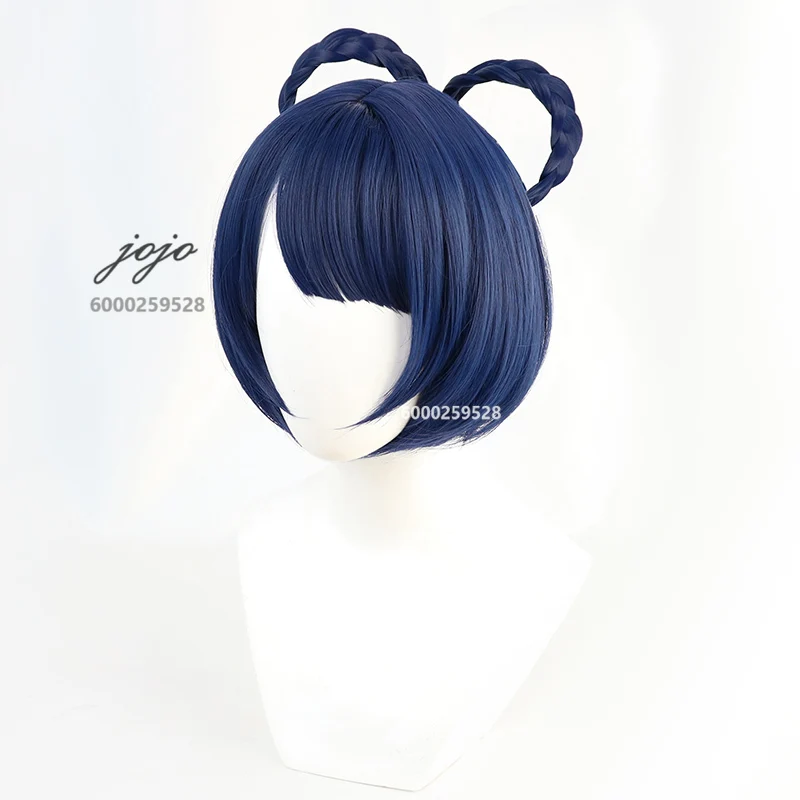 Game Genshin Impact Xiangling Cosplay Wig Removable Twist Wreath Dark Blue Hair Halloween Christmas Party Role Play Headwear Wig