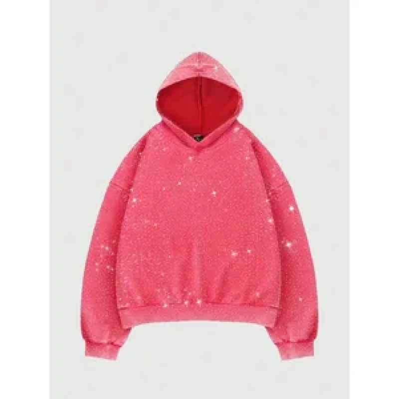 Felpa con cappuccio oversize Pink Glitter Star - Fodera con cappuccio rosso a contrasto, Felpa brillante scintillante, Pullover streetwear alla moda da donna, Y2K