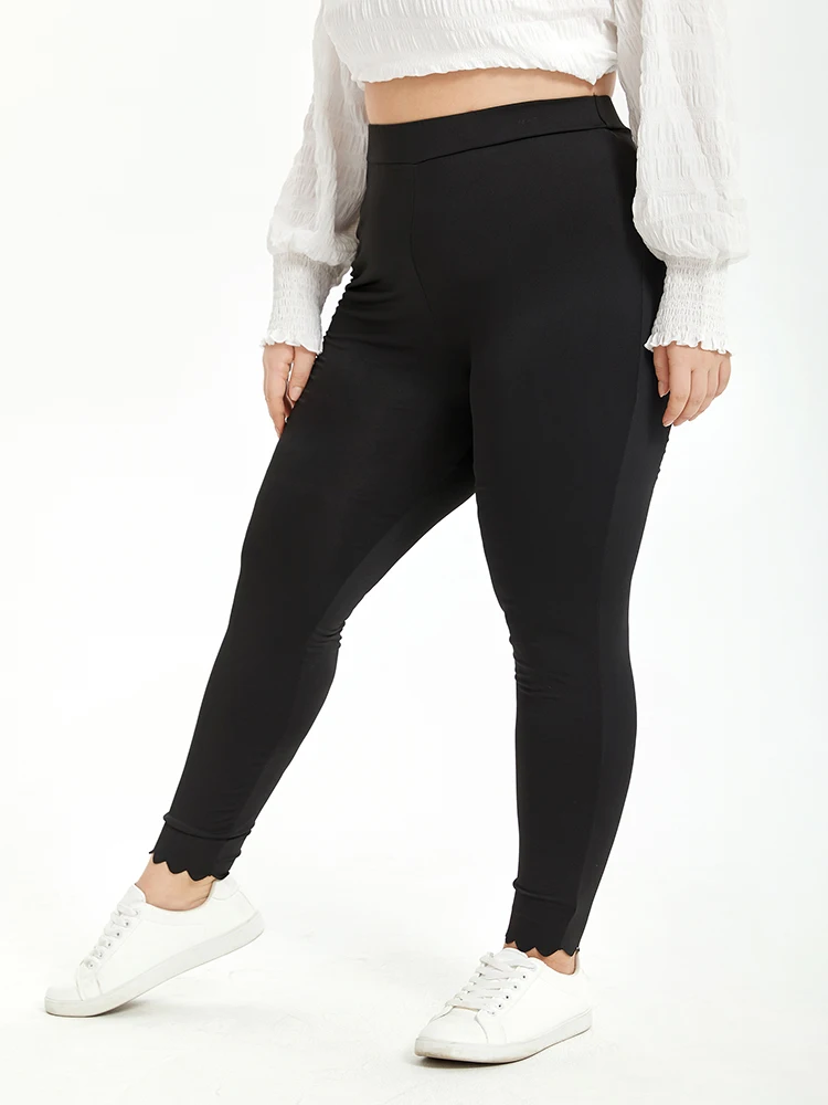 Plus Size Clothing Solid Skinny Leggings Casual High Waist Stretchy Leggings Tight and Slimming Leggings With Scalloped Edge