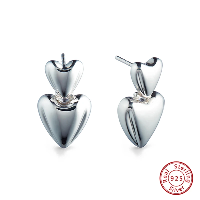

925 Sterling Silver Earrings Original Certified Double Heart Stud Earrings For Women Luxury Jewelry Gold Earrings