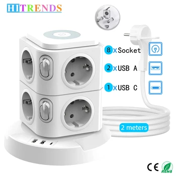 EU Plug Tower Power Board 8 AC Power Outlets 2 USB and 1 Type-C Port Pull Ring Plug 2 m…