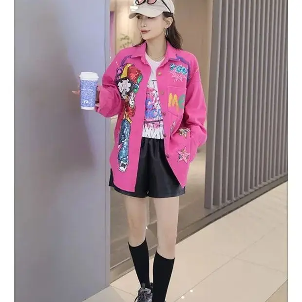 

Новая женская джинсовая куртка-рубашка с ручной вышивкой, облегающая, модная, с мультяшным принтом, в стиле Wasteland, с длинными рукавами, хлопковая, топ