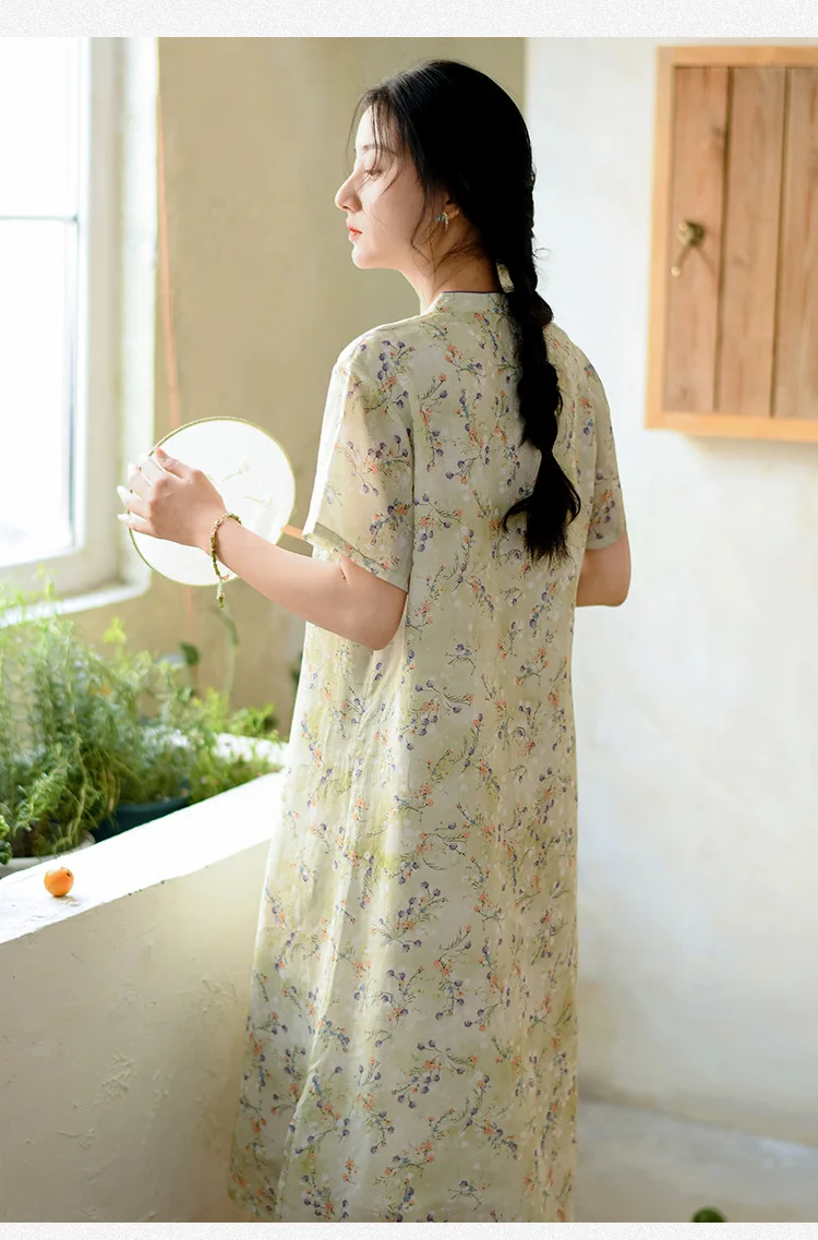 Ramie Floral Dress Chinese Style Short Sleeve Modern Qi Pao Tea Dresses Vintage