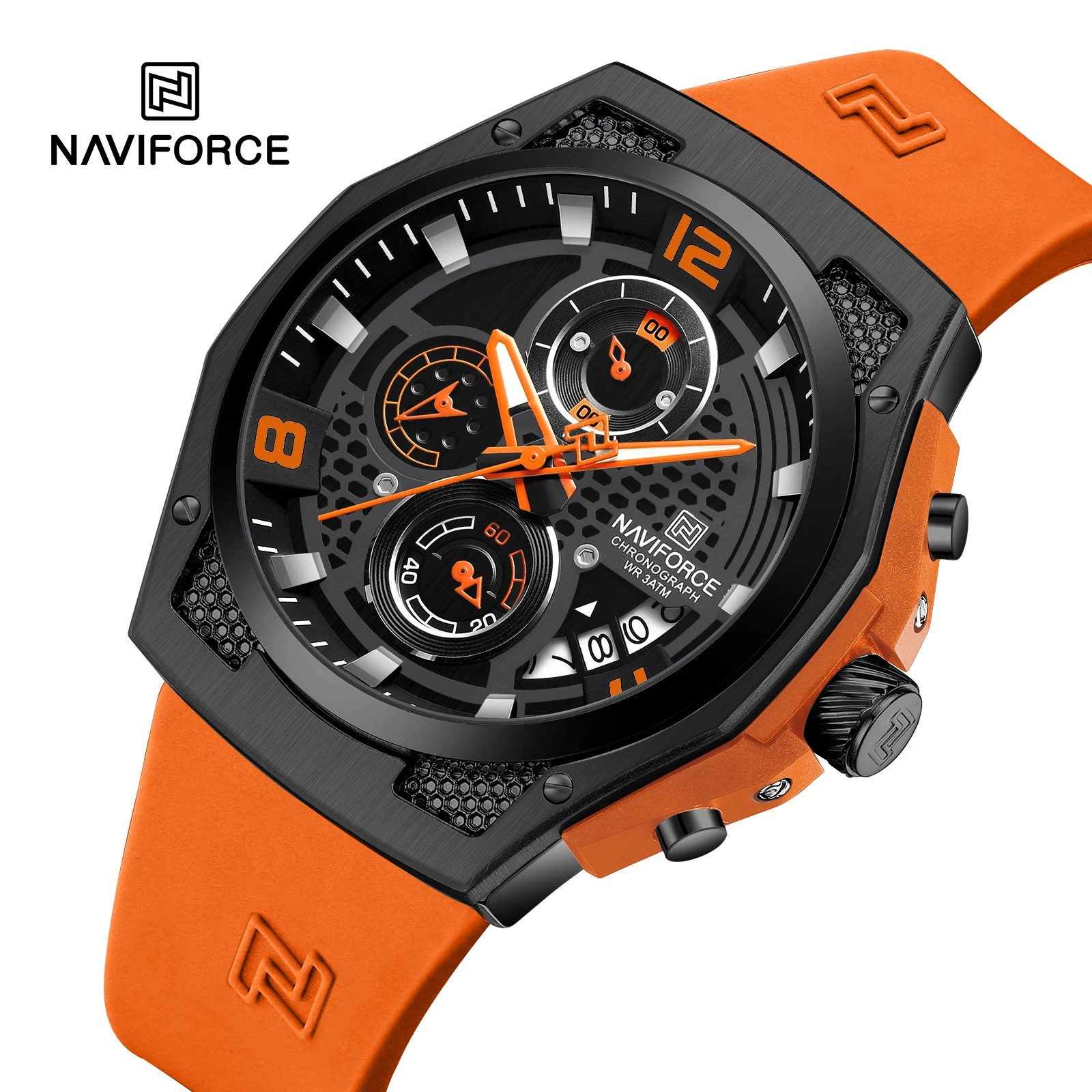 NAVIFORCE Men High Quality Silicone Strap Sport Watch Male Quartz Calendar Chronograph Wristwaches Water Resistant Clock for Man