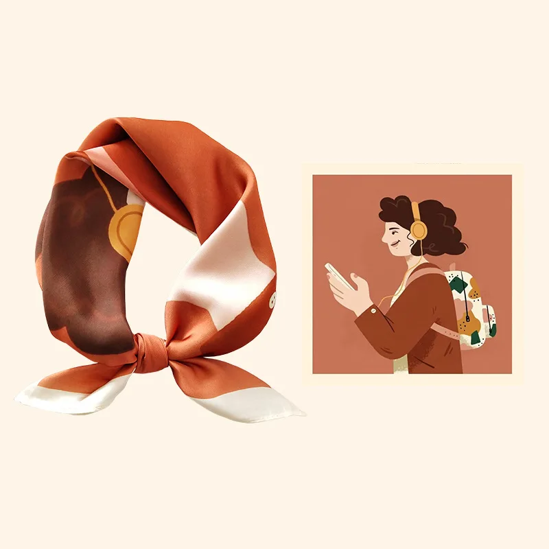 Women\'s Silk Cartoon Scarf Square Headband Little Luxury Hair Ribbon Office Lady Handkerchief Female Design Print Foulard AC2231