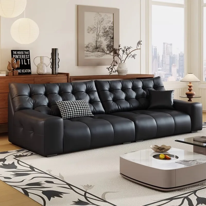 Italian minimalist leather sofa black high-end atmospheric living room combination in-line three-seater leather sofa