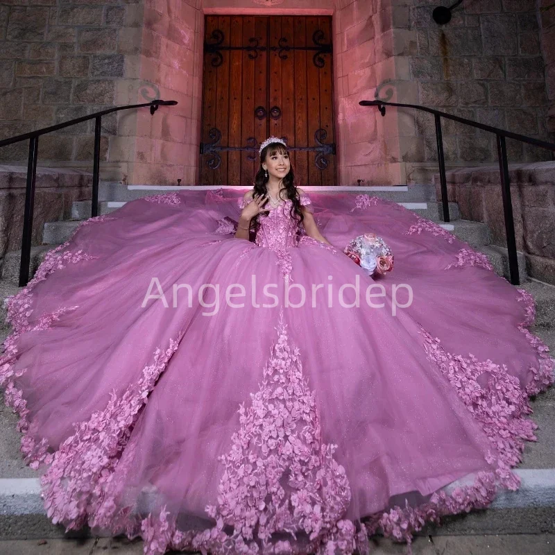 Angelsbridep-Vestido Quinceanera Rosa Querida, Fora do Ombro com Apliques 3D, Vestido Arco de Baile, 16 Doces Vestidos, 16 Anos