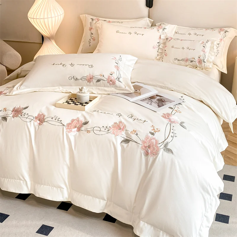 

White Princess Bedding Sets 100 Cotton Pastoral Flowers Embroidery Duvet Cover Bed Sheet Pillowcases Girl Bedspread