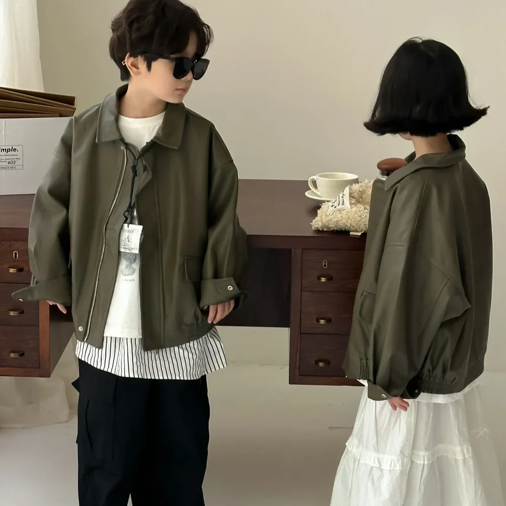 Coat Loose Autumn Boy Grls Simple Children Korean Leather Clothing Children Causal Easy Flip Collar Simple 2024 Cool