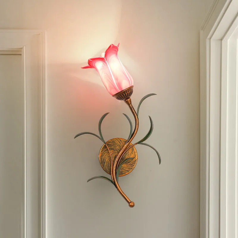American Pink floral glass lampshade G4 LED Wall Lamp for dining room  Stairs Living Room Restaurant decor Wall sconce lighting