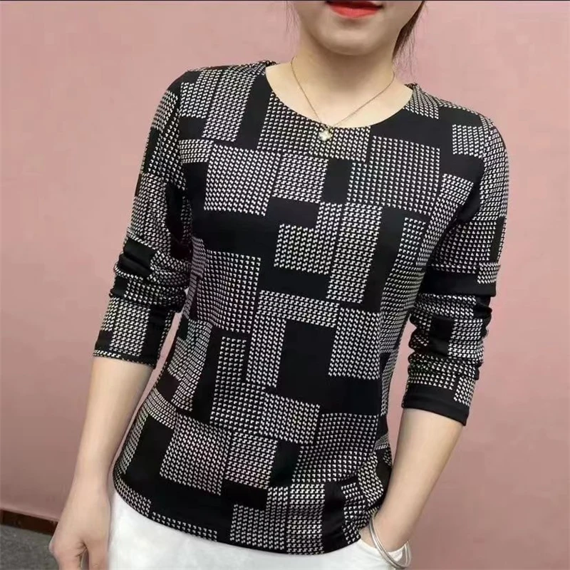 Women Korean Fashion Plaid Printed All Match Basic T Shirt Autumn Casual Round Neck Long Sleeve Slim Pullover Tops Ropa De Mujer