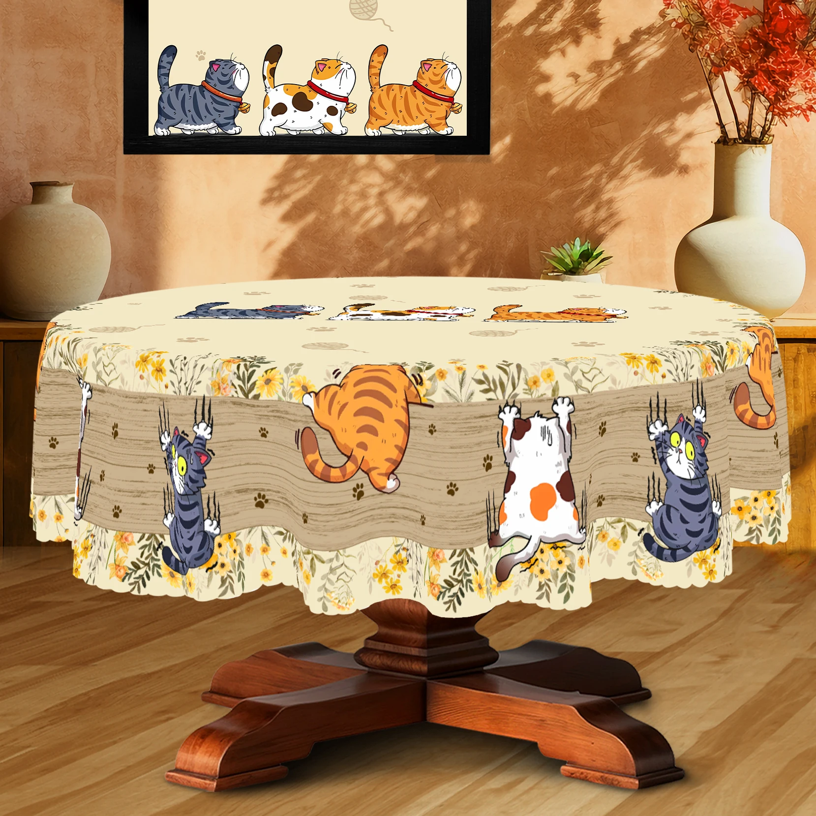 1 Piece, Cute Cat-Themed Polyester Tablecloth + 4 Self-Adhesive Stickers, Three Kittens in Different Poses with Fresh Floral Print Pattern, Embossed Edges, Suitable for Home Kitchen, Living Room Dining Table, Balcony Coffee Table, Holiday Party Tabletop Decoration Tablecloth, Outdoor Picnic Decoration, Coffee Table Tabletop Decoration Tablecloth Table Cover, Perfect Holiday Gift, Spring, Summer, Autumn and Winter Tablecloth Decoration Oo-054